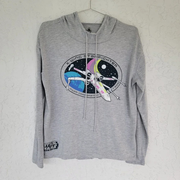 Disney X-Wing Starfighter Star Wars Hooded Tee Mens Size S Gray Long Sleeve - Picture 1 of 9